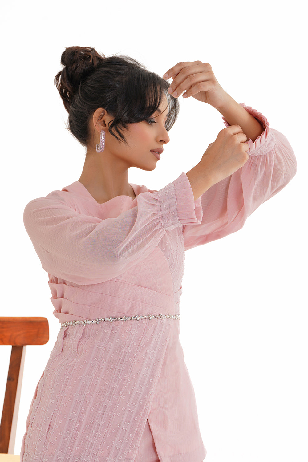 Pink Pleated Georgette Fabric with Embroidery Co-ord Set