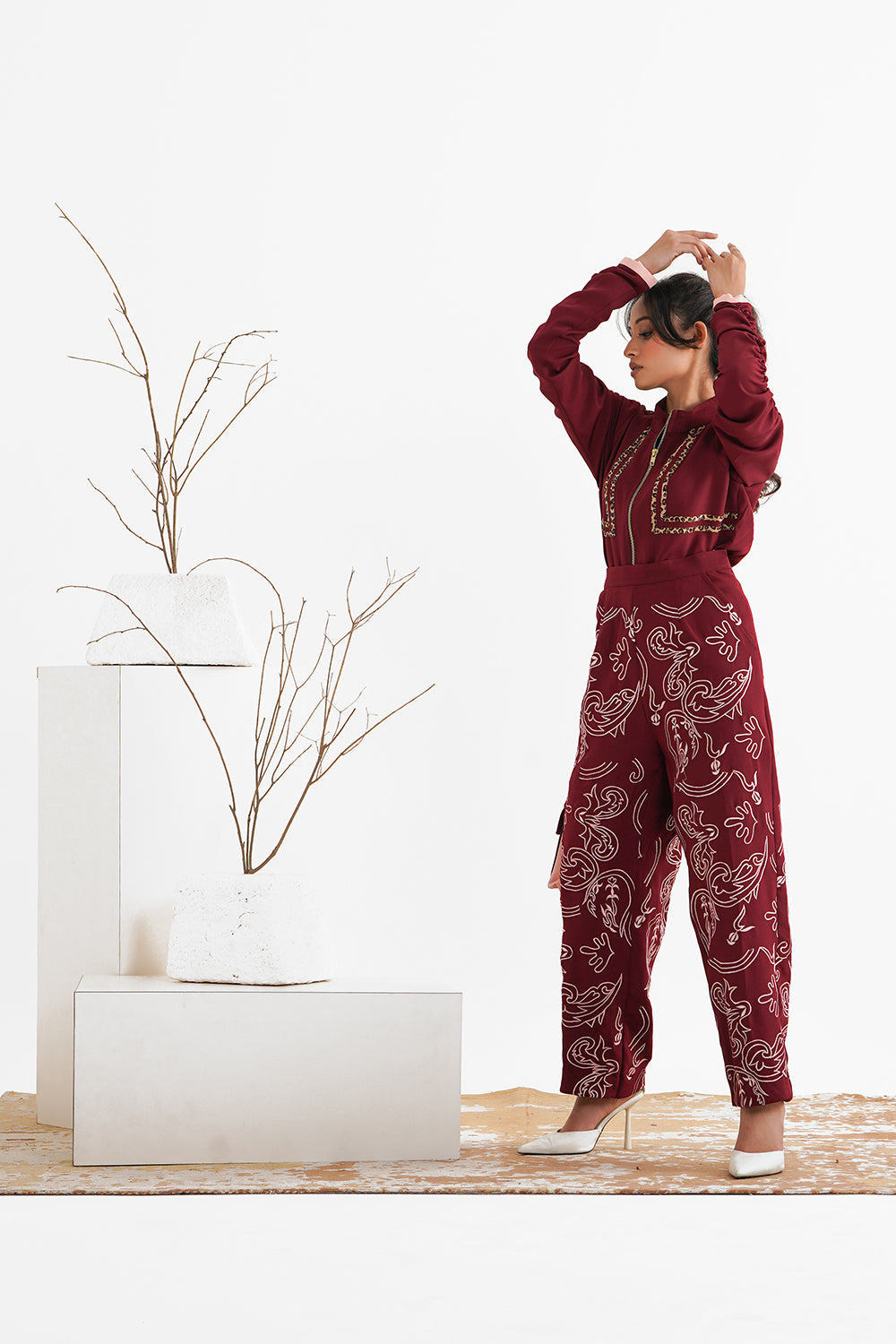 Wine Embroidered Cargo Pant and Jacket
