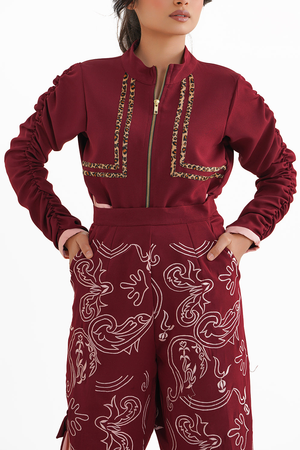 Wine Embroidered Cargo Pant and Jacket