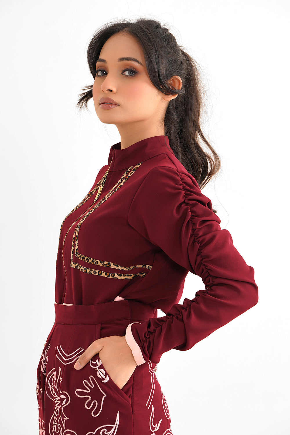 Wine Embroidered Cargo Pant and Jacket