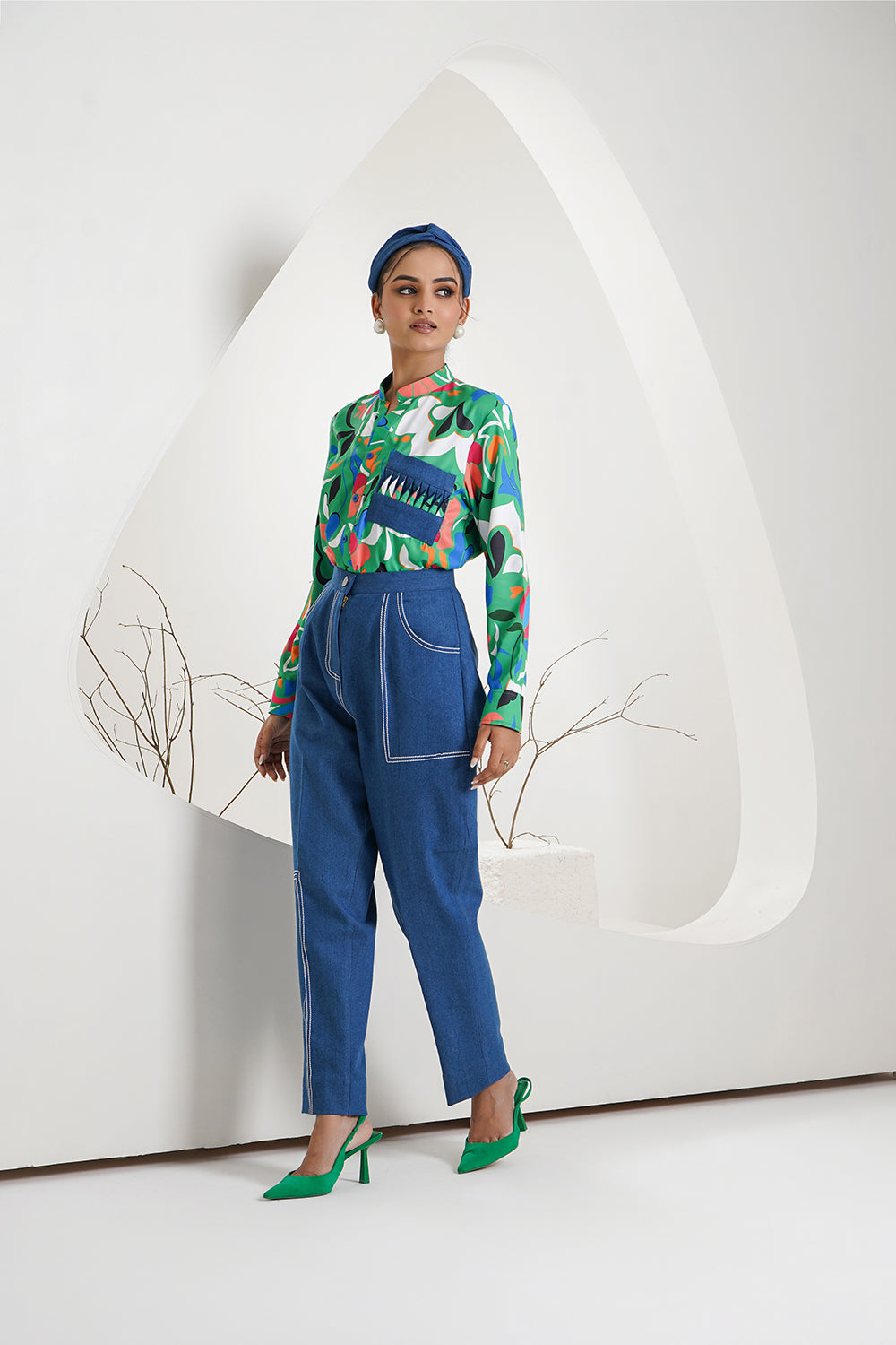 Green Crepe Shirt with Denim Trouser
