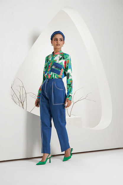 Green Crepe Shirt with Denim Trouser